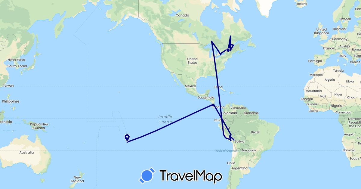 TravelMap itinerary: driving in Canada, Costa Rica, France, Peru (Europe, North America, South America)