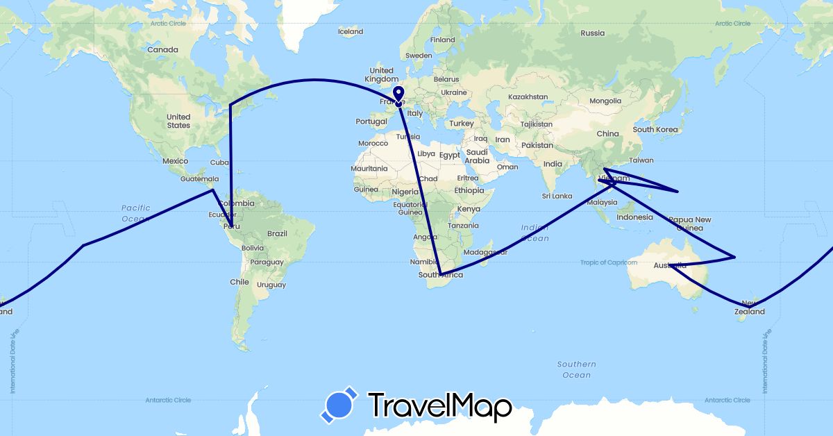 TravelMap itinerary: driving in Australia, Canada, Costa Rica, Micronesia, France, Cambodia, Laos, New Zealand, Peru, Thailand, Vietnam, South Africa (Africa, Asia, Europe, North America, Oceania, South America)
